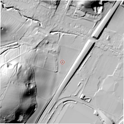 Shaded relief map of the ground around DE142GE, computed from Environment Agency LiDAR. The ground here sits at about 50 m above sea level and falls 49 m across the surrounding 800 m. Surface water reaching this point runs off ground lying to the north-west, 4.2 m higher.