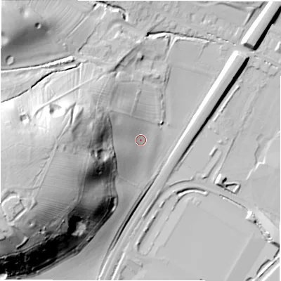 Shaded relief map of the ground around DE142GF, computed from Environment Agency LiDAR. The ground here sits at about 54 m above sea level and falls 50 m across the surrounding 800 m. Surface water reaching this point runs off ground lying to the west, 36.7 m higher.