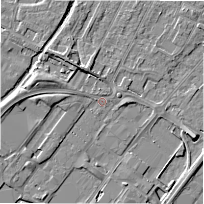 Shaded relief map of the ground around DE142GN, computed from Environment Agency LiDAR. The ground here sits at about 47 m above sea level and falls 8 m across the surrounding 800 m. Surface water reaching this point runs off ground lying to the north-north-west, 5.1 m higher.