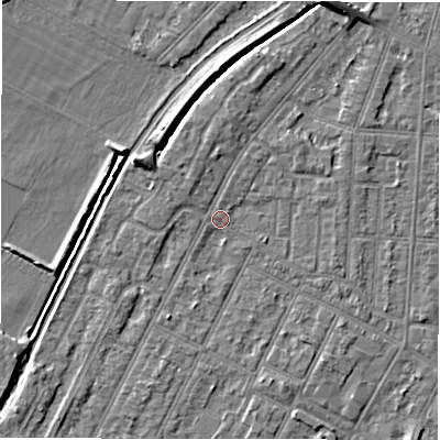 Shaded relief map of the ground around DE142GP, computed from Environment Agency LiDAR. The ground here sits at about 47 m above sea level and falls 7 m across the surrounding 800 m. Surface water reaching this point runs off ground lying to the north, 1.8 m higher.