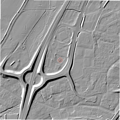 Shaded relief map of the ground around DE142GR, computed from Environment Agency LiDAR. The ground here sits at about 47 m above sea level and falls 11 m across the surrounding 800 m. Surface water reaching this point runs off ground lying to the south-west, 7.3 m higher.