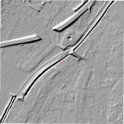 Shaded relief map of the ground around DE142GU, computed from Environment Agency LiDAR. The ground here sits at about 47 m above sea level and falls 9 m across the surrounding 800 m. Surface water reaching this point runs off ground lying to the south-west, 5.5 m higher.