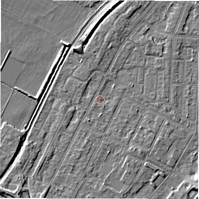 Shaded relief map of the ground around DE142HJ, computed from Environment Agency LiDAR. The ground here sits at about 47 m above sea level and falls 6 m across the surrounding 800 m. Surface water reaching this point runs off ground lying to the south-west, 5.0 m higher.