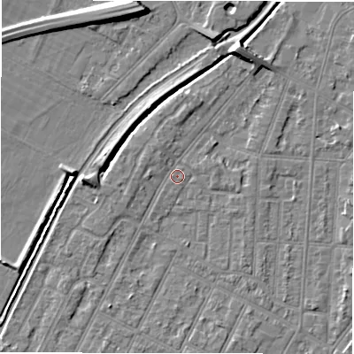 Shaded relief map of the ground around DE142HL, computed from Environment Agency LiDAR. The ground here sits at about 47 m above sea level and falls 9 m across the surrounding 800 m. Surface water reaching this point runs off ground lying to the north-north-west, 1.4 m higher.