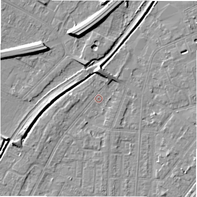 Shaded relief map of the ground around DE142HN, computed from Environment Agency LiDAR. The ground here sits at about 47 m above sea level and falls 9 m across the surrounding 800 m. Surface water reaching this point runs off ground lying to the west-south-west, 2.3 m higher.