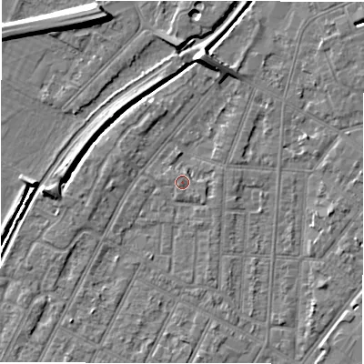Shaded relief map of the ground around DE142HU, computed from Environment Agency LiDAR. The ground here sits at about 47 m above sea level and falls 9 m across the surrounding 800 m. Surface water reaching this point runs off ground lying to the east, 1.1 m higher.