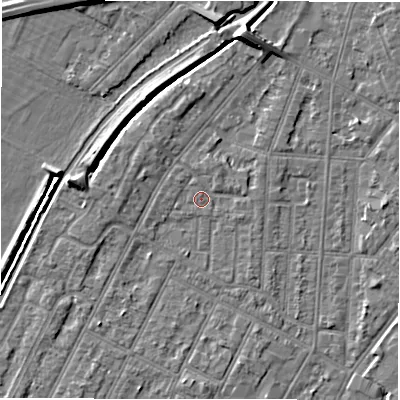 Shaded relief map of the ground around DE142HX, computed from Environment Agency LiDAR. The ground here sits at about 47 m above sea level and falls 7 m across the surrounding 800 m. Surface water reaching this point runs off ground lying to the north-west, 1.8 m higher.