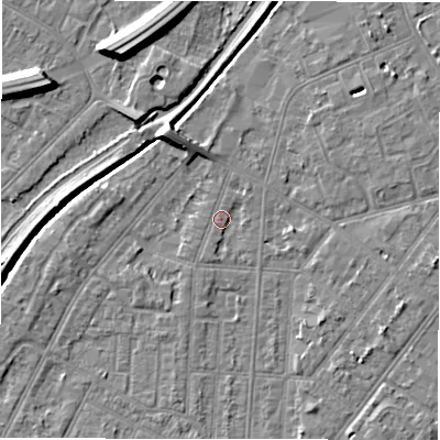 Shaded relief map of the ground around DE142HY, computed from Environment Agency LiDAR. The ground here sits at about 47 m above sea level and falls 9 m across the surrounding 800 m. Surface water reaching this point runs off ground lying to the south-south-west, 1.3 m higher.