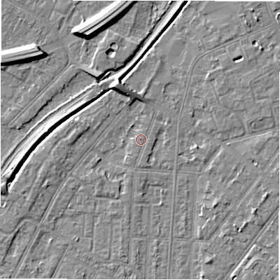 Shaded relief map of the ground around DE142HZ, computed from Environment Agency LiDAR. The ground here sits at about 47 m above sea level and falls 9 m across the surrounding 800 m. Surface water reaching this point runs off ground lying to the west-south-west, 2.2 m higher.