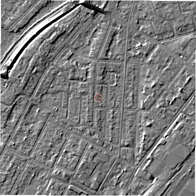Shaded relief map of the ground around DE142JA, computed from Environment Agency LiDAR. The ground here sits at about 47 m above sea level and falls 7 m across the surrounding 800 m. Surface water reaching this point runs off ground lying to the north-north-west, 0.5 m higher.