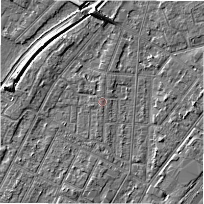 Shaded relief map of the ground around DE142JB, computed from Environment Agency LiDAR. The ground here sits at about 47 m above sea level and falls 7 m across the surrounding 800 m. Surface water reaching this point runs off ground lying to the north, 0.5 m higher.