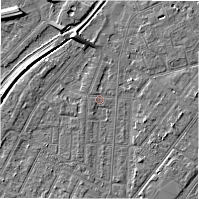 Shaded relief map of the ground around DE142JD, computed from Environment Agency LiDAR. The ground here sits at about 46 m above sea level and falls 9 m across the surrounding 800 m. Surface water reaching this point runs off ground lying to the west, 0.9 m higher.