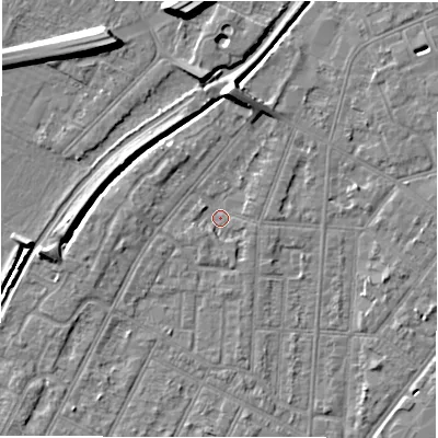 Shaded relief map of the ground around DE142JE, computed from Environment Agency LiDAR. The ground here sits at about 46 m above sea level and falls 9 m across the surrounding 800 m. Surface water reaching this point runs off ground lying to the south-south-west, 1.3 m higher.