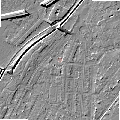 Shaded relief map of the ground around DE142JF, computed from Environment Agency LiDAR. The ground here sits at about 46 m above sea level and falls 9 m across the surrounding 800 m. Surface water reaching this point runs off ground lying to the south-west, 1.3 m higher.