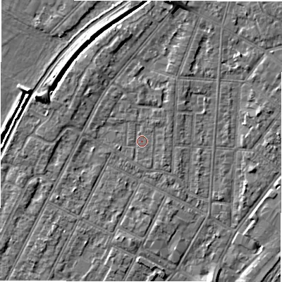Shaded relief map of the ground around DE142JG, computed from Environment Agency LiDAR. The ground here sits at about 46 m above sea level and falls 6 m across the surrounding 800 m. Surface water reaching this point runs off ground lying to the north-east, 0.8 m higher.