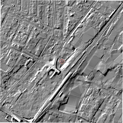 Shaded relief map of the ground around DE142JJ, computed from Environment Agency LiDAR. The ground here sits at about 46 m above sea level and falls 8 m across the surrounding 800 m. Surface water reaching this point runs off ground lying to the south-south-west, 5.1 m higher.