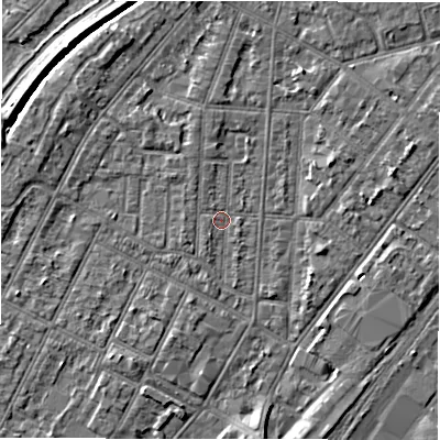 Shaded relief map of the ground around DE142JN, computed from Environment Agency LiDAR. The ground here sits at about 46 m above sea level and falls 5 m across the surrounding 800 m. Surface water reaching this point runs off ground lying to the north-north-west, 1.1 m higher.