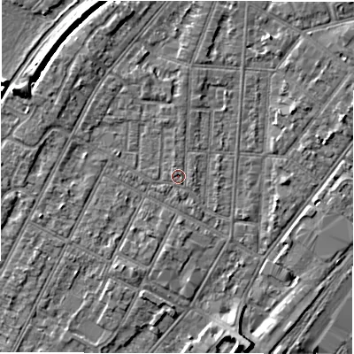 Shaded relief map of the ground around DE142JQ, computed from Environment Agency LiDAR. The ground here sits at about 47 m above sea level and falls 7 m across the surrounding 800 m. Surface water reaching this point runs off ground lying to the north, 0.8 m higher.