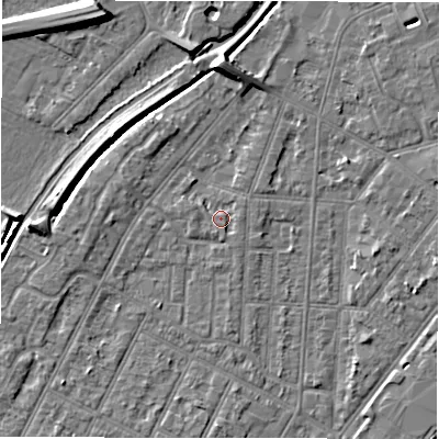 Shaded relief map of the ground around DE142JU, computed from Environment Agency LiDAR. The ground here sits at about 47 m above sea level and falls 9 m across the surrounding 800 m. Surface water reaching this point runs off ground lying to the east, 0.9 m higher.
