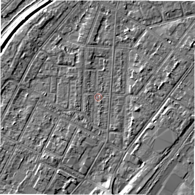 Shaded relief map of the ground around DE142JW, computed from Environment Agency LiDAR. The ground here sits at about 46 m above sea level and falls 5 m across the surrounding 800 m. Surface water reaching this point runs off ground lying to the north-north-west, 1.3 m higher.
