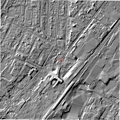 Shaded relief map of the ground around DE142LA, computed from Environment Agency LiDAR. The ground here sits at about 46 m above sea level and falls 6 m across the surrounding 800 m. Surface water reaching this point runs off ground lying to the south, 5.3 m higher.