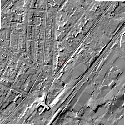 Shaded relief map of the ground around DE142LD, computed from Environment Agency LiDAR. The ground here sits at about 46 m above sea level and falls 6 m across the surrounding 800 m. Surface water reaching this point runs off ground lying to the east-north-east, 1.9 m higher.