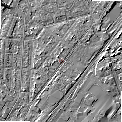 Shaded relief map of the ground around DE142LE, computed from Environment Agency LiDAR. The ground here sits at about 47 m above sea level and falls 6 m across the surrounding 800 m. Surface water reaching this point runs off ground lying to the north-west, 1.3 m higher.