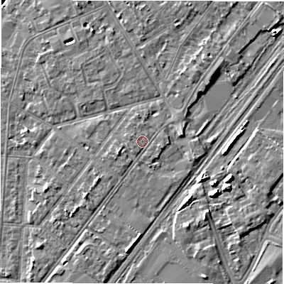 Shaded relief map of the ground around DE142LF, computed from Environment Agency LiDAR. The ground here sits at about 46 m above sea level and falls 6 m across the surrounding 800 m. Surface water reaching this point runs off ground lying to the west-south-west, 1.0 m higher.