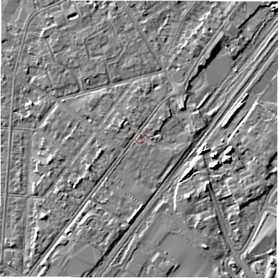Shaded relief map of the ground around DE142LG, computed from Environment Agency LiDAR. The ground here sits at about 46 m above sea level and falls 6 m across the surrounding 800 m. Surface water reaching this point runs off ground lying to the west-north-west, 0.9 m higher.