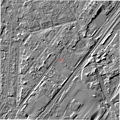 Shaded relief map of the ground around DE142LH, computed from Environment Agency LiDAR. The ground here sits at about 46 m above sea level and falls 6 m across the surrounding 800 m. Surface water reaching this point runs off ground lying to the west, 1.6 m higher.