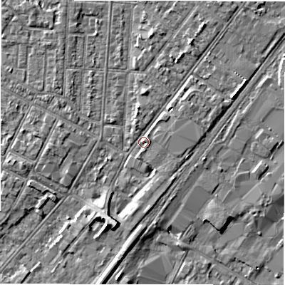 Shaded relief map of the ground around DE142LJ, computed from Environment Agency LiDAR. The ground here sits at about 46 m above sea level and falls 6 m across the surrounding 800 m. Surface water reaching this point runs off ground lying to the north-east, 1.9 m higher.