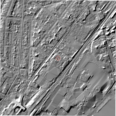 Shaded relief map of the ground around DE142LN, computed from Environment Agency LiDAR. The ground here sits at about 47 m above sea level and falls 6 m across the surrounding 800 m. Surface water reaching this point runs off ground lying to the south-west, 0.6 m higher.