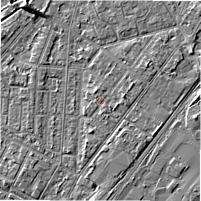 Shaded relief map of the ground around DE142LP, computed from Environment Agency LiDAR. The ground here sits at about 47 m above sea level and falls 7 m across the surrounding 800 m. Surface water reaching this point runs off ground lying to the north-north-west, 1.1 m higher.