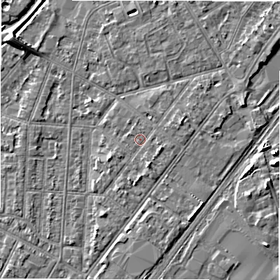 Shaded relief map of the ground around DE142LR, computed from Environment Agency LiDAR. The ground here sits at about 46 m above sea level and falls 7 m across the surrounding 800 m. Surface water reaching this point runs off ground lying to the south-south-east, 1.4 m higher.