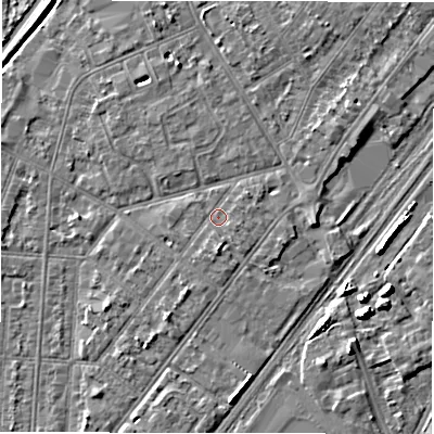 Shaded relief map of the ground around DE142LS, computed from Environment Agency LiDAR. The ground here sits at about 46 m above sea level and falls 6 m across the surrounding 800 m. Surface water reaching this point runs off ground lying to the south, 1.6 m higher.