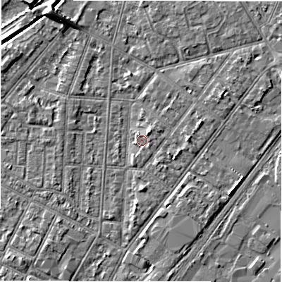 Shaded relief map of the ground around DE142LT, computed from Environment Agency LiDAR. The ground here sits at about 46 m above sea level and falls 7 m across the surrounding 800 m. Surface water reaching this point runs off ground lying to the north-west, 6.2 m higher.