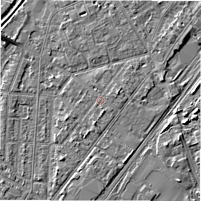 Shaded relief map of the ground around DE142LU, computed from Environment Agency LiDAR. The ground here sits at about 46 m above sea level and falls 6 m across the surrounding 800 m. Surface water reaching this point runs off ground lying to the south-south-west, 1.4 m higher.
