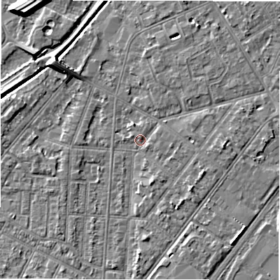 Shaded relief map of the ground around DE142LX, computed from Environment Agency LiDAR. The ground here sits at about 46 m above sea level and falls 9 m across the surrounding 800 m. Surface water reaching this point runs off ground lying to the north-north-east, 0.9 m higher.