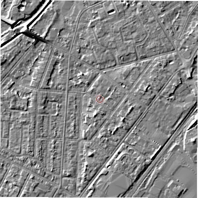 Shaded relief map of the ground around DE142LY, computed from Environment Agency LiDAR. The ground here sits at about 46 m above sea level and falls 7 m across the surrounding 800 m. Surface water reaching this point runs off ground lying to the east-north-east, 0.8 m higher.