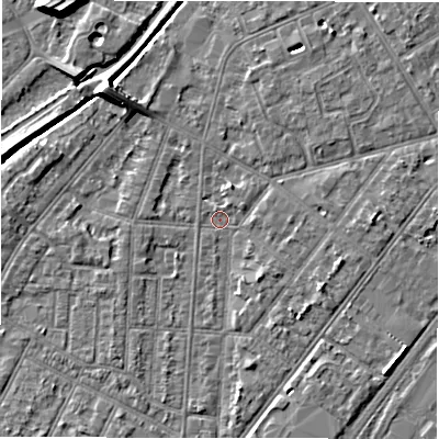 Shaded relief map of the ground around DE142LZ, computed from Environment Agency LiDAR. The ground here sits at about 46 m above sea level and falls 9 m across the surrounding 800 m. Surface water reaching this point runs off ground lying to the north-west, 6.2 m higher.