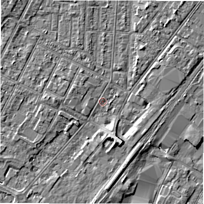 Shaded relief map of the ground around DE142NA, computed from Environment Agency LiDAR. The ground here sits at about 46 m above sea level and falls 6 m across the surrounding 800 m. Surface water reaching this point runs off ground lying to the south-south-east, 5.3 m higher.