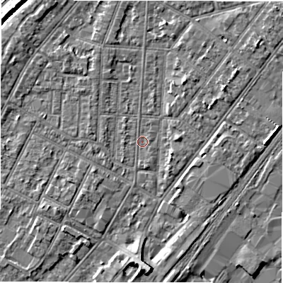 Shaded relief map of the ground around DE142NB, computed from Environment Agency LiDAR. The ground here sits at about 46 m above sea level and falls 6 m across the surrounding 800 m. The ground contributing surface water to this point lies to the south-south-east.