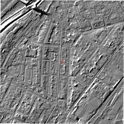 Shaded relief map of the ground around DE142ND, computed from Environment Agency LiDAR. The ground here sits at about 46 m above sea level and falls 7 m across the surrounding 800 m. Surface water reaching this point runs off ground lying to the north-north-west, 6.2 m higher.