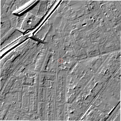 Shaded relief map of the ground around DE142NF, computed from Environment Agency LiDAR. The ground here sits at about 46 m above sea level and falls 9 m across the surrounding 800 m. Surface water reaching this point runs off ground lying to the east-south-east, 1.9 m higher.