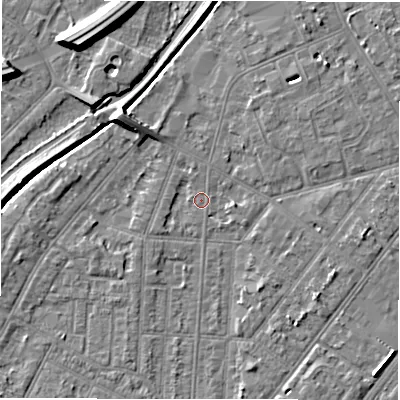 Shaded relief map of the ground around DE142NG, computed from Environment Agency LiDAR. The ground here sits at about 46 m above sea level and falls 9 m across the surrounding 800 m. Surface water reaching this point runs off ground lying to the north-west, 6.2 m higher.
