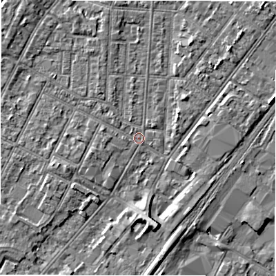 Shaded relief map of the ground around DE142NJ, computed from Environment Agency LiDAR. The ground here sits at about 46 m above sea level and falls 6 m across the surrounding 800 m. Surface water reaching this point runs off ground lying to the south, 5.3 m higher.