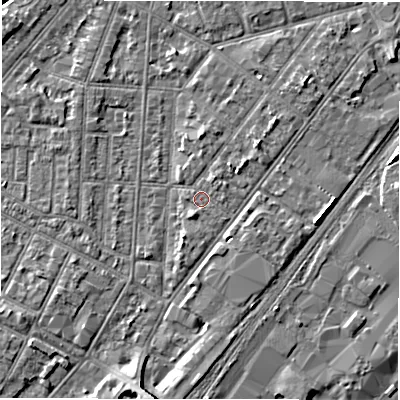 Shaded relief map of the ground around DE142NL, computed from Environment Agency LiDAR. The ground here sits at about 46 m above sea level and falls 6 m across the surrounding 800 m. Surface water reaching this point runs off ground lying to the south-south-east, 0.5 m higher.