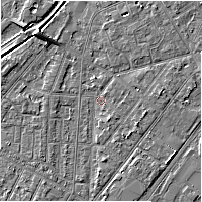 Shaded relief map of the ground around DE142NN, computed from Environment Agency LiDAR. The ground here sits at about 46 m above sea level and falls 7 m across the surrounding 800 m. Surface water reaching this point runs off ground lying to the north-west, 6.2 m higher.