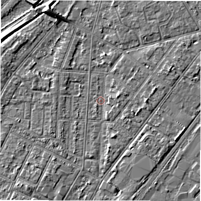 Shaded relief map of the ground around DE142NP, computed from Environment Agency LiDAR. The ground here sits at about 46 m above sea level and falls 7 m across the surrounding 800 m. Surface water reaching this point runs off ground lying to the north-north-west, 6.2 m higher.