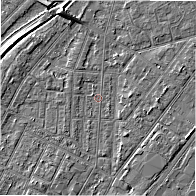Shaded relief map of the ground around DE142NQ, computed from Environment Agency LiDAR. The ground here sits at about 46 m above sea level and falls 7 m across the surrounding 800 m. Surface water reaching this point runs off ground lying to the west-north-west, 1.3 m higher.